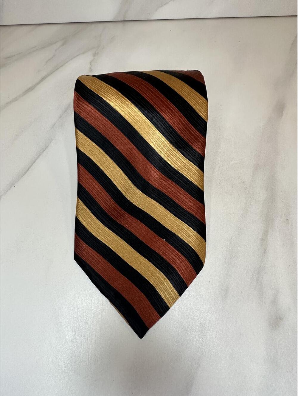 Renzo 100% silk tie gold/rust/black diagonal stripe
